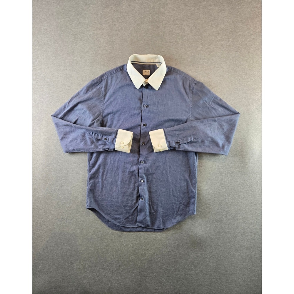 Armani Collezioni Button Up Shirt Mens 16.5 L Blue Contrast Collar French Cuff